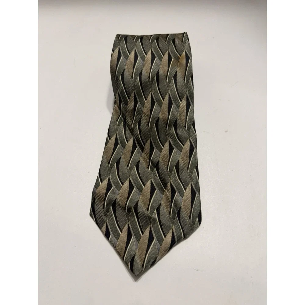 J. Ferrar Mens Silk Necktie Olive Green Taupe Geometric Woven Pattern Tie